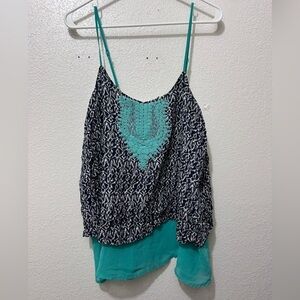 Anthropologie THML Layered embroidered tank black & white leopard & teal - L
